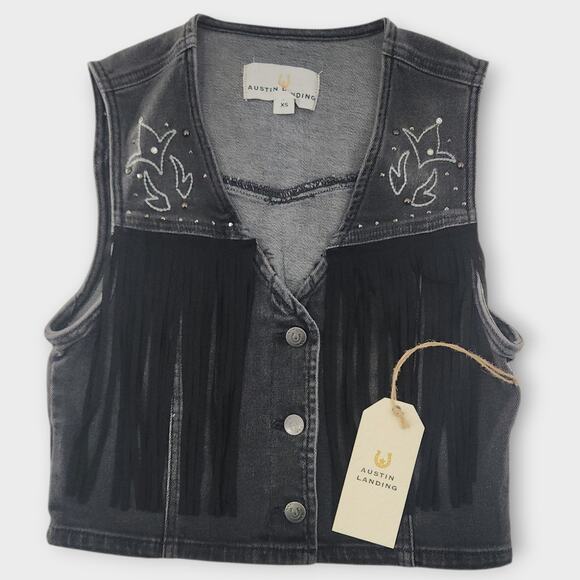 Austin Landing Jackets & Blazers - Austin Landing Jean Crop Vest Women's XS Gray Suede Fringe Studded Embroidered
